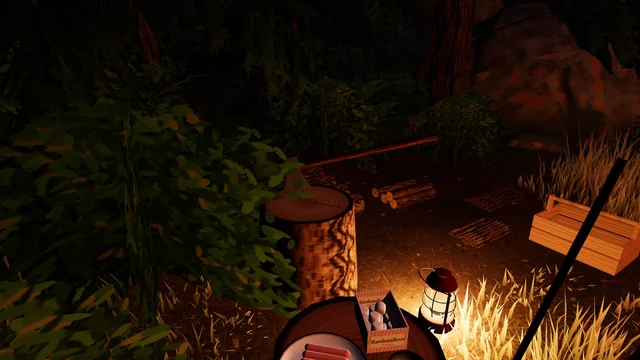 An axe thrown into the top of the chopping stump, with a carton of marshmallows, a plate of sausages and a lantern beside it.