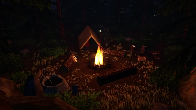 The camp from up on the rocks at night: the fire burning in its ring of stones, the tent behind it, seat logs with a guitar leaning on one, the spring and the woodpile.