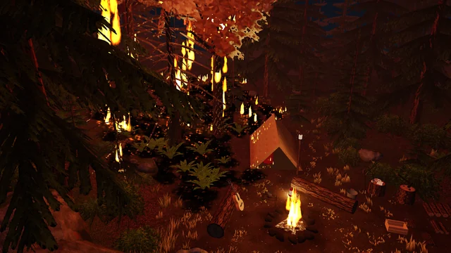 A forest fire: the trees beyond the tent burning, the campfire small below them.