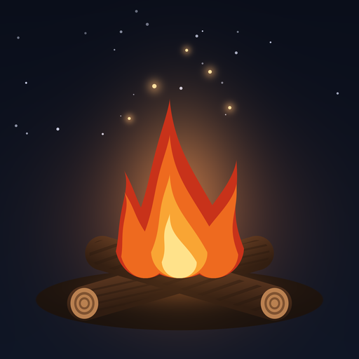 A campfire burning on two crossed logs under a starry sky